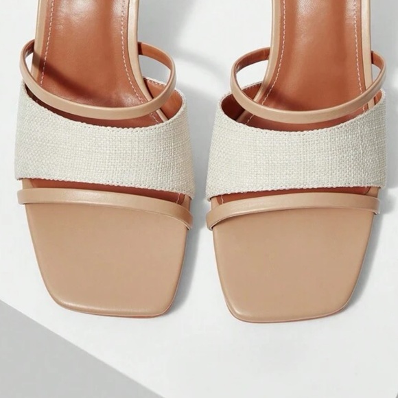 Cognac brown and cream canvas open toe strappy heels - Picture 6 of 7